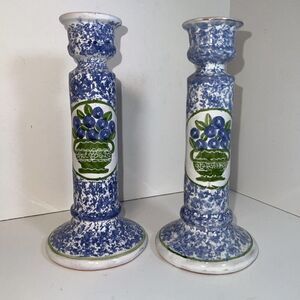 Vintage Set of 2 Hand-Painted Pottery Candle Sticks Made in Portugal 8” Tall